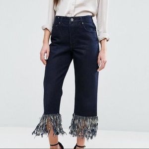 ASOS dark wash straight leg jeans with fringe